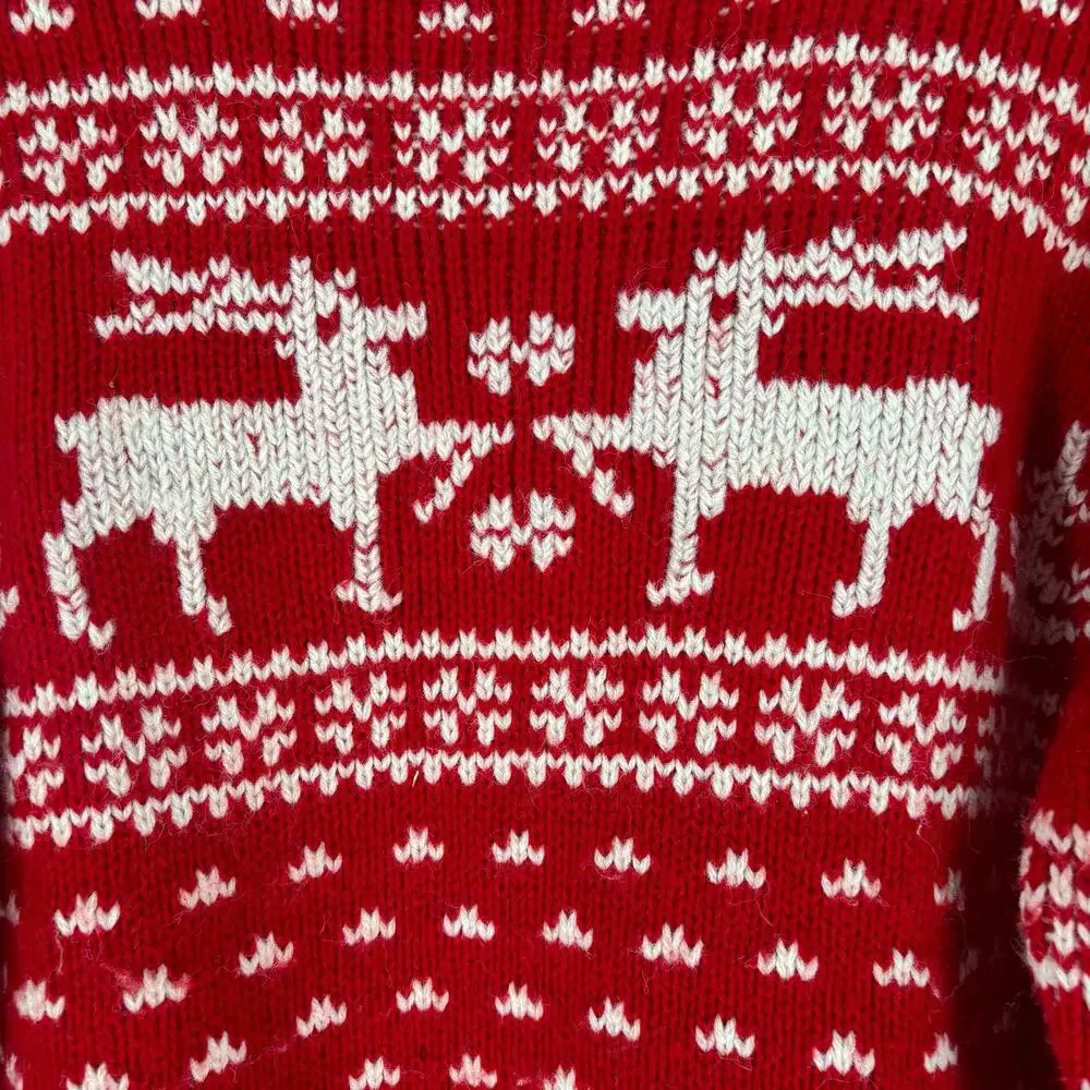 Vintage Aerodrille Nordic Fair Isle Reindeer Wool Blend Red Sweater, Womens XL